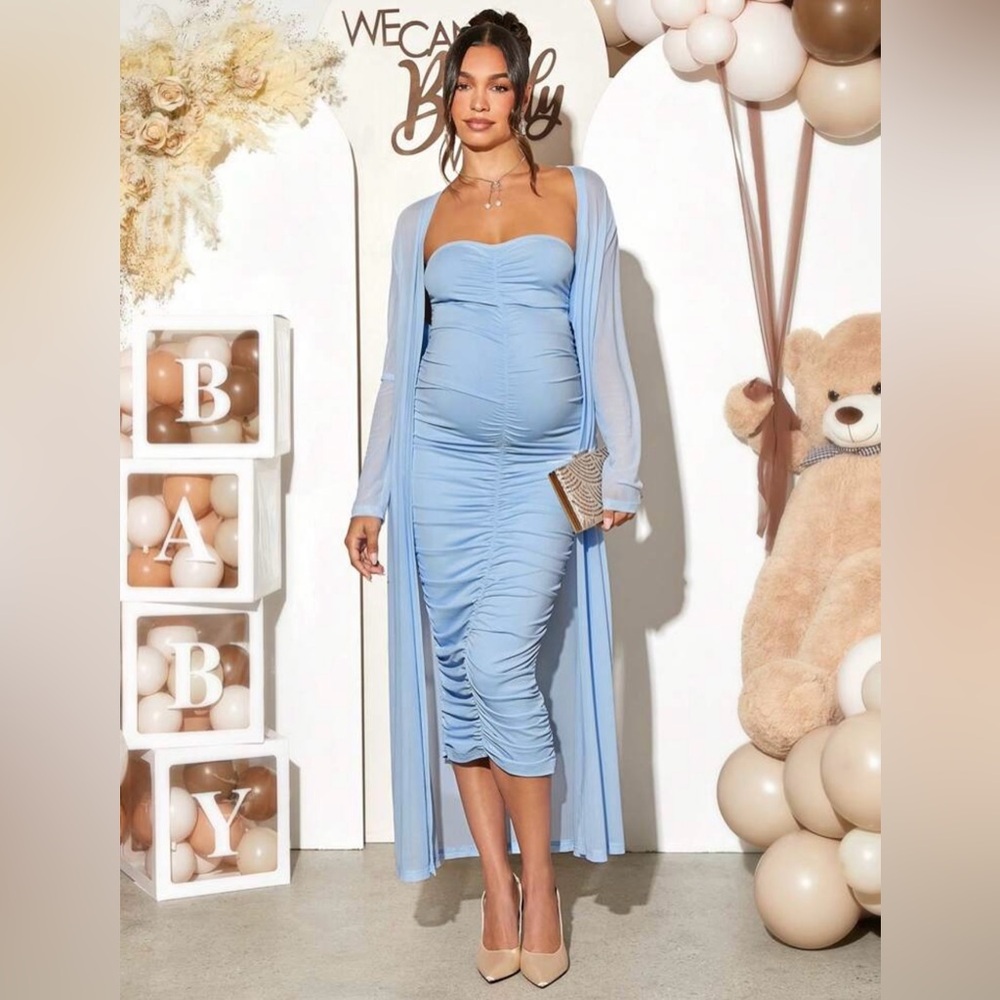 SHEIN Blue Strapless maternity Bodycon Dress with sheer jacket